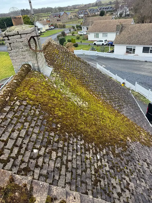 Photograph of a roof being pressure washed clean by Rickard Cleaning Services, Tywyn