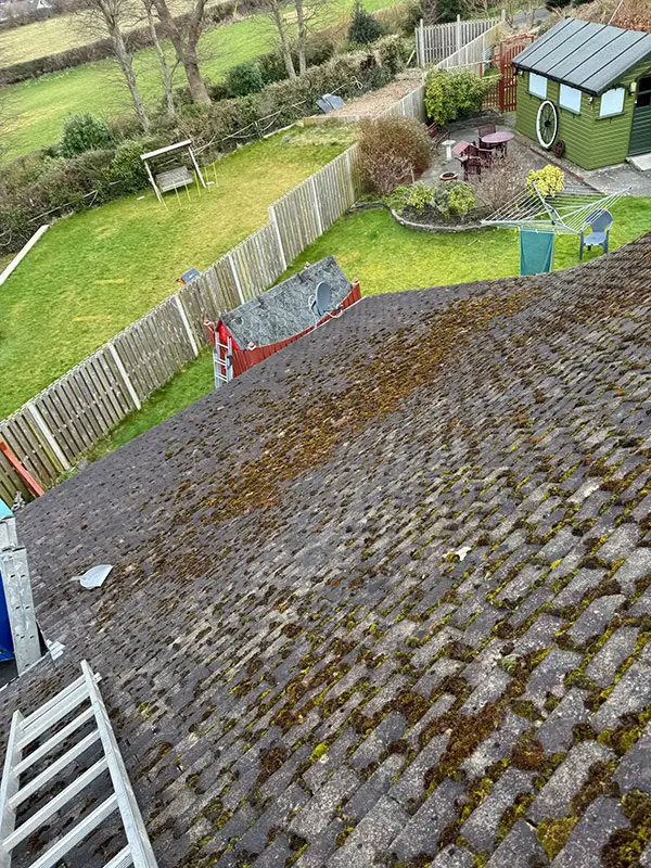 Photograph of a roof being pressure washed clean by Rickard Cleaning Services, Tywyn