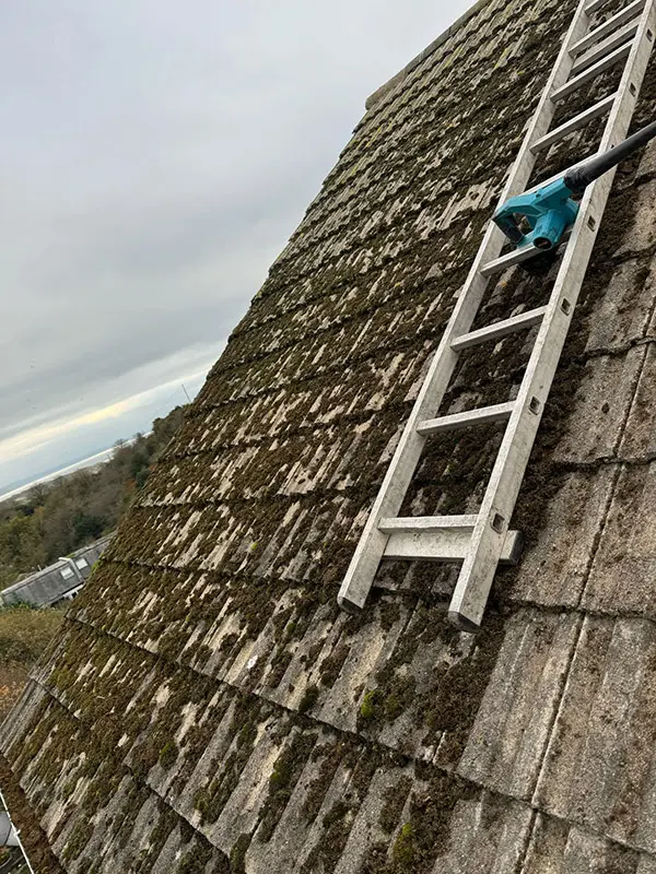 Photograph of a roof being pressure washed clean by Rickard Cleaning Services, Tywyn