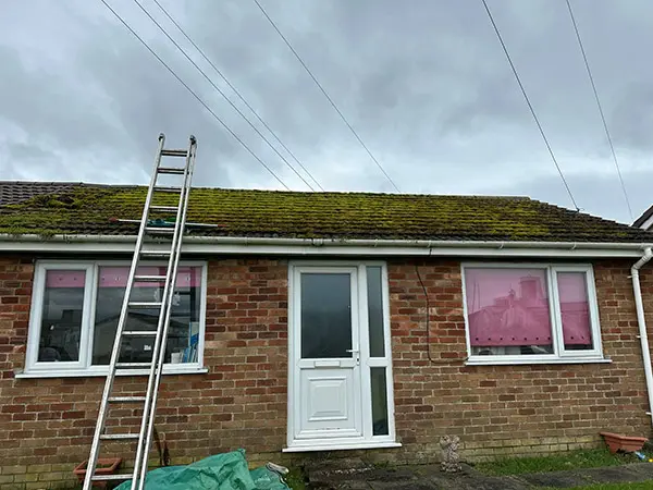 Shows roof and guttering prior to being cleaned by Riackrd Cleaning Services