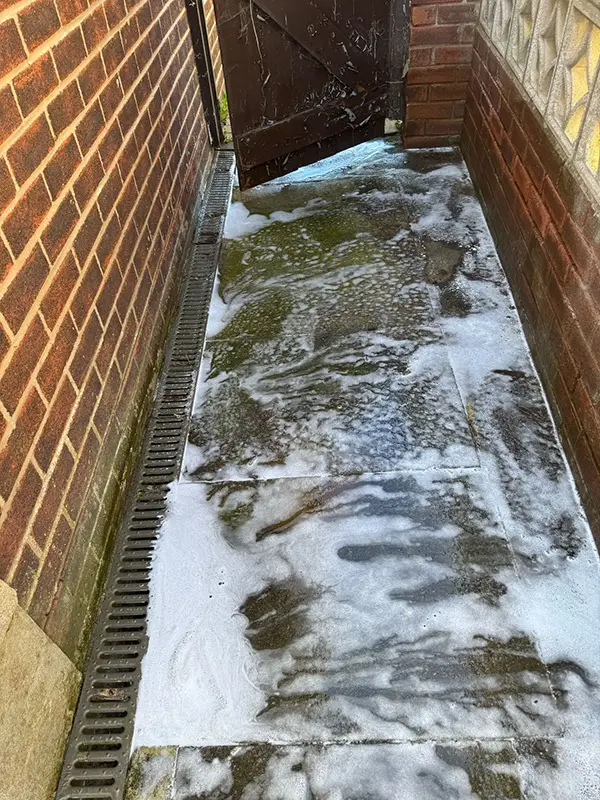 Shows driveway or patio prior to being cleaned by Riackrd Cleaning Services